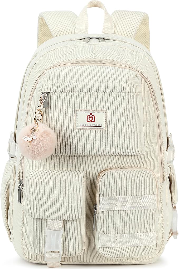 Hidds School Backpack for Teens Girls Women 15.6 Inch Laptop College Backpacks Corduroy Kids Bookbag Students Travel Daypack Womens (Beige)