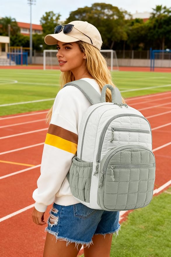 Bookbag for Women, Teen Girls Backpack for High School College Student, Puffer Quilted Back Pack Cute Laptop Backpack for Work Travel Mom Casual Daypack, Beige Green