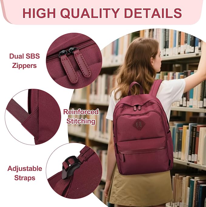 RAVUO Backpack for Women, Water Resistant School Bookbag with 15.6 inch Laptop Compartment Casual College Schoolbag Daypack for Teen Girls,Red