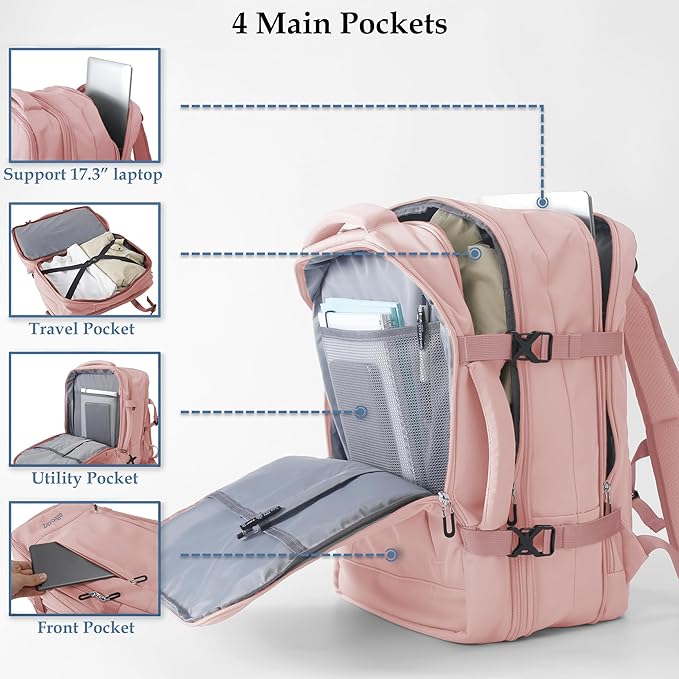Travel Backpack, Expandable Large Capacity Business Work, Water Repellent Carry On Daypack with USB Charging Port, Fit 17 Inch Laptop, Bag for Men and Women, Pink