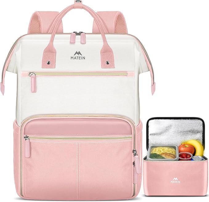 MATEIN Lunch Backpack for Women, 15.6 Inch Work Backpack with Laptop Compartment, College Computer Lunchbox Backpacks with Insulated Lunch box Meal Prep Bag for Teens Office Commute College, 2pcs Set