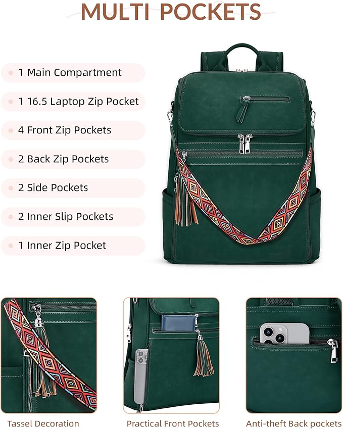 Leather Laptop Backpack for Women Designer Laptop Bag, 16.5 inch Travel Computer Backpacks Purse with Tassel for Work Business with Satchel Purse Green