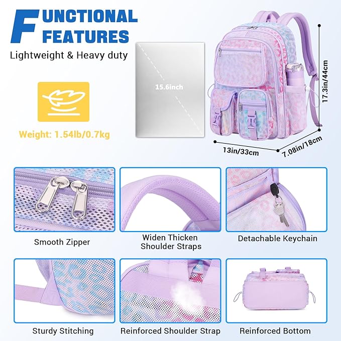 MOONBABY Mesh Backpack Heavy Duty See Through Net Bookbag Semi-Transparent Net Back Pack for Beach, Swimming, Sports, Work, Travel (Purple Leopard)