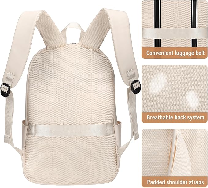 HOMIEE Lightweight Casual Laptop Backpack Fits 15.6 Inch Computer, Water-Resistant Small Daypack Cute Unisex Bookbag for Teen College Work Travel, Beige