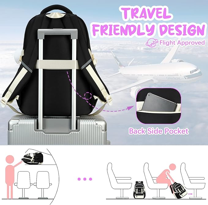 School Backpack for Girls, Laptop Backpack 15.6 Inch Kids Elementary Middle High School Bag Anti Theft Cute College Bookbags for Teens Girls Women Students Casual Travel Daypack,Black Beige