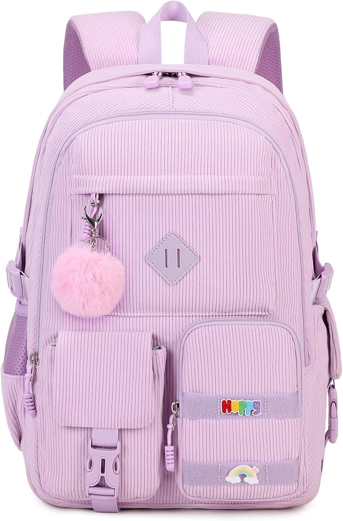 Girls Laptop Backpack Corduroy Bookbag For Teen Big Studen School Bag Durable Travel Daypack (Purple)