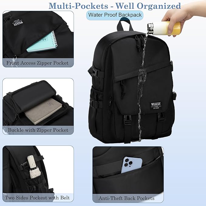 College Laptop Backpack for Men Women 15.6 Elementary Middle High School Book Bag For Teens Girls Boys Anti Theft Travel Backpacks Waterproof Casual Daypack Large Student Bookbags（Black-L）