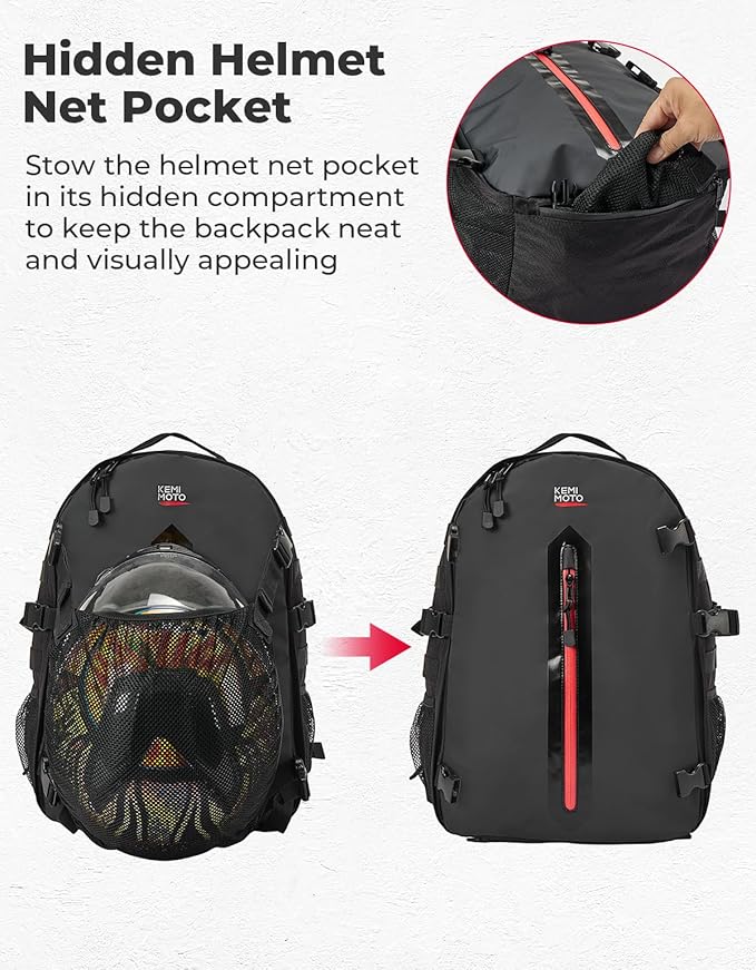 KEMIMOTO Motorcycle Helmet Backpack, 35L Storage Bag with Expandable Hidden Net for Full Face Helmet, Riding & Daily Commute Gift for Men