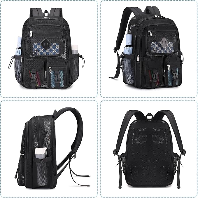MOONBABY Mesh Backpack for School Heavy Duty See Through Net Bookbag Girls Boys Semi-Transparent Net Back Pack for Beach, Swimming, Sports, Work, Travel (Black)