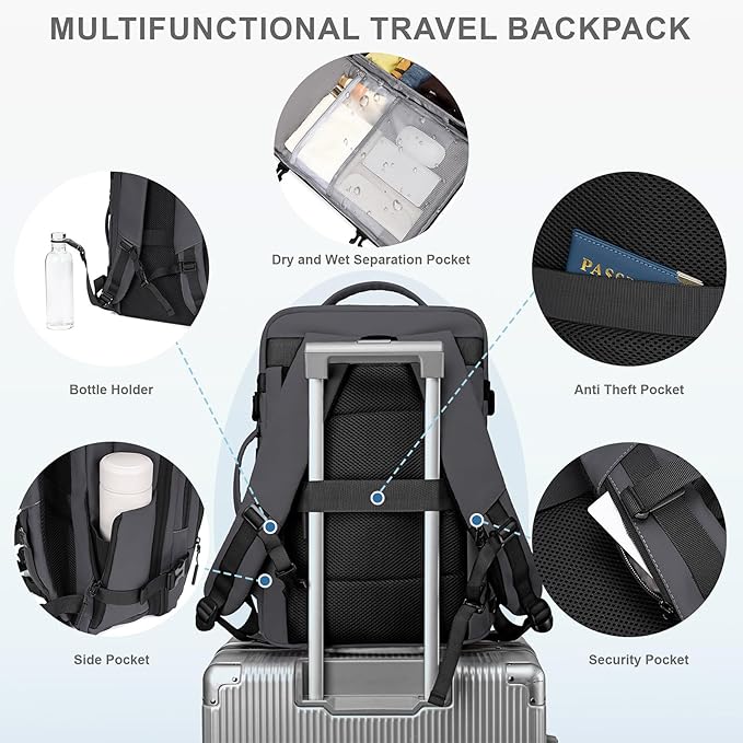Carry On Travel Backpack, 35L-40L Expandable Extra Large Airline Approved,Lightweight Daypack for Men and Women（Gray）