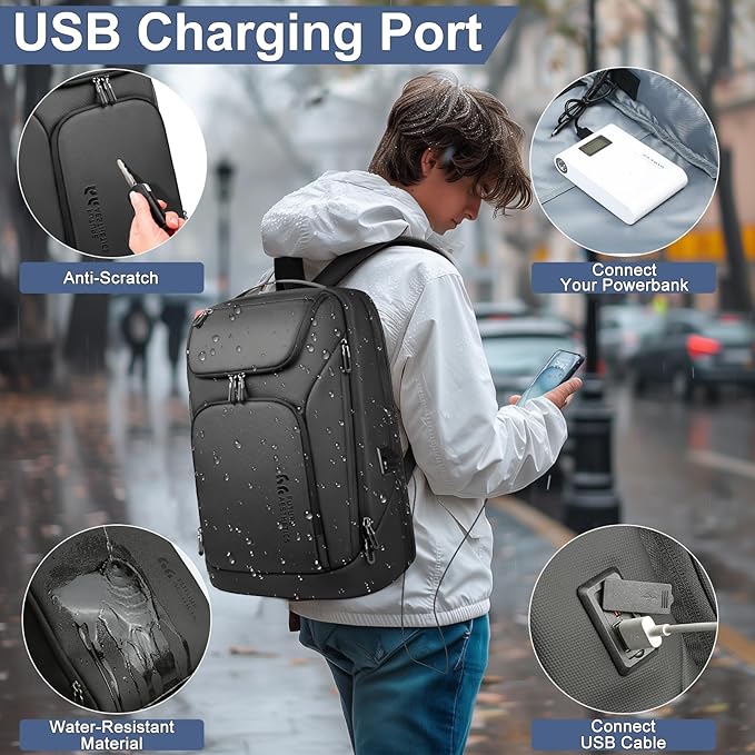 hk Business Smart Backpack for Men Anti-Theft for 17.3 Inch Laptop with USB Charging Port Water-Resistant Large Durable Compact 30L for Travel College Work-Deep Black