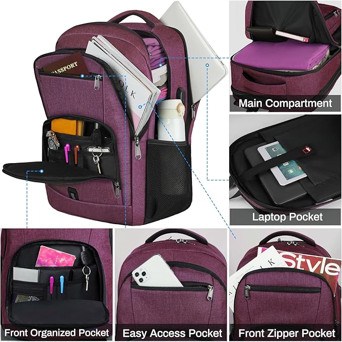 RAINSMORE Laptop Backpack 17 Inch Large Travel Backpack for Women Waterproof Computer Backpack Work Business College Bookbag TSA Friendly with USB Port, Rose Red