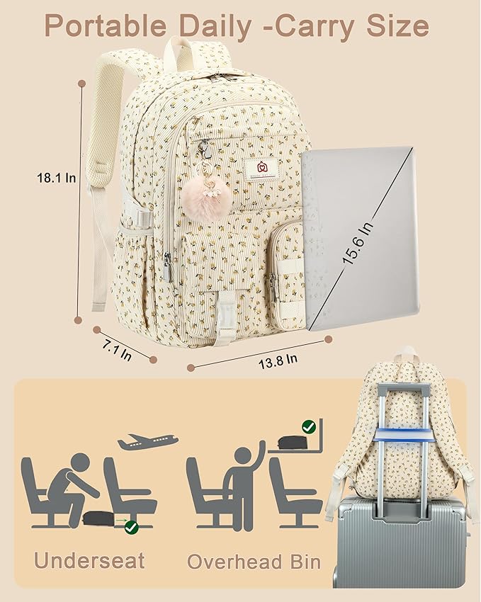 Hidds School Backpack for Teens Girls Women 15.6 Inch Laptop College Backpacks Corduroy Work Bag Kids Elementary Middle High Campus Bookbag Students Anti Theft Travel Daypack Womens - Beige Floral
