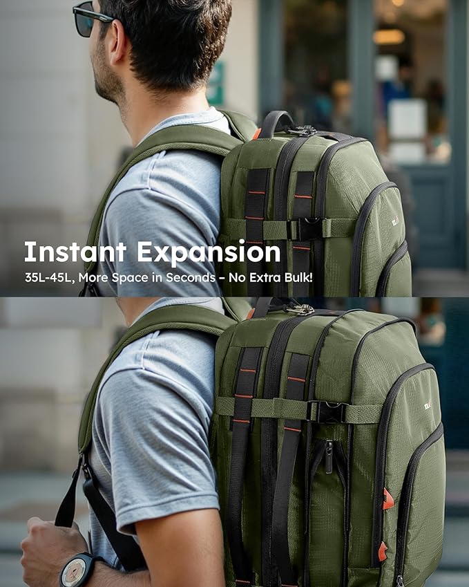 Tolaccea Travel Backpack, TSA Friendly Flight Approved Carry-on Luggage Water-resistant Business Rucksack, Durable Large Computer Bag Daypack Fits 15.6 Inch Laptop, 35-45L Expandable - Green | TSA Friendly, Flight Approved, Carry-on Luggage, Water-resi...