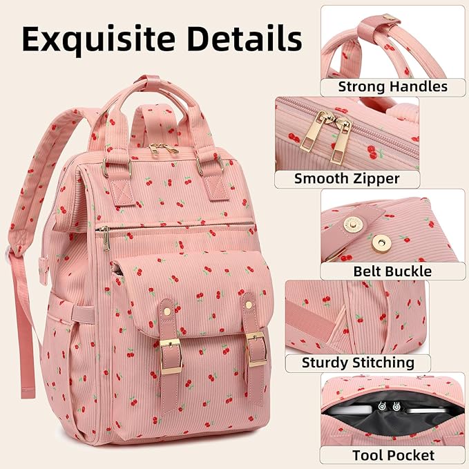 Corduroy Laptop Backpack for Women 15.6 Inch Stylish College School Bookbag, Business Work & Travel Computer Backpacks (Cherry Pink)