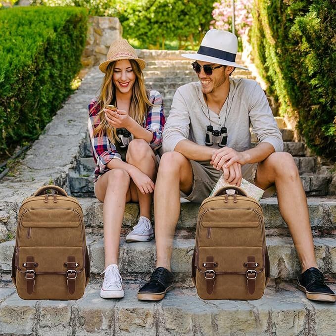 Canvas Laptop Backpack with USB Charging Port, Vintage Daypack for Men Women, Brown Travel Work Rucksack College Computer Bag Bookbag Fits 15.6 Inch Laptop, Brown