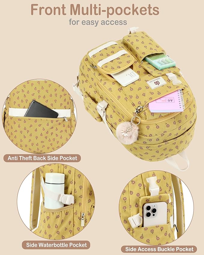 Hidds School Backpack for Teens Girls Women 15.6 Inch College Backpacks Corduroy Work Bag Kids Middle High School Bookbag Students Back Pack Anti Theft Travel Daypack Womens-Corduroy Khaki Floral