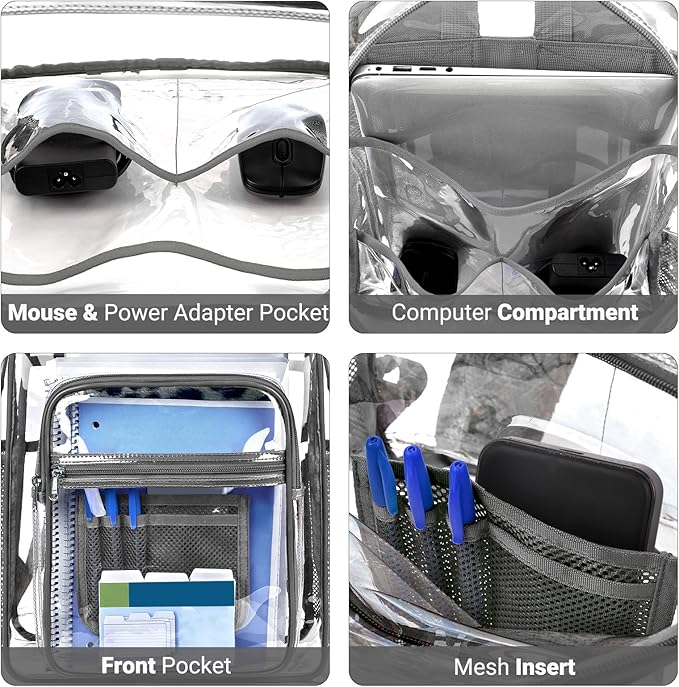 ZORFIN Clear Backpack Heavy Duty for School & Work – 17in Transparent PVC Bag with Large Capacity & Reinforced Straps – See Through Bookbag for Men, Women, Boys & Girls, Workplace Security - Grey