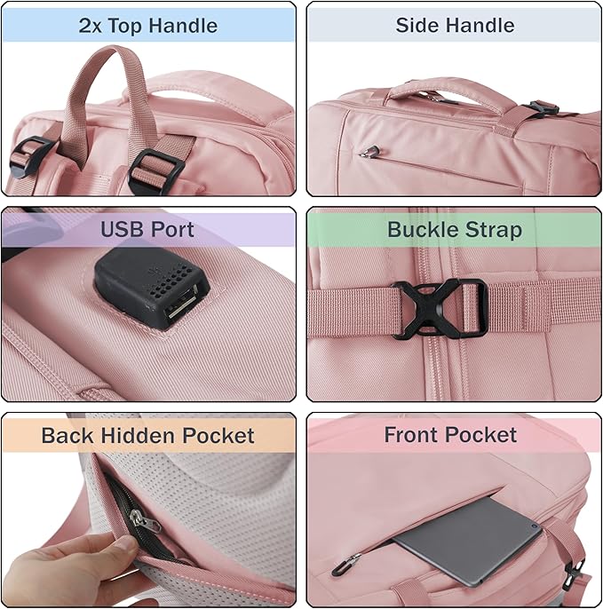 Travel Backpack, Expandable Large Capacity Business Work, Water Repellent Carry On Daypack with USB Charging Port, Fit 17 Inch Laptop, Bag for Men and Women, Pink