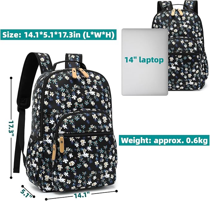 Leaper Laptop Backpack for Women: Cute Girls Sunflower Bookbag for School College Travel Work - Lightweight Book Bag Floral for Kids Teen - Aesthetic Back Pack Stylish Hiking Daypack for Teacher Black