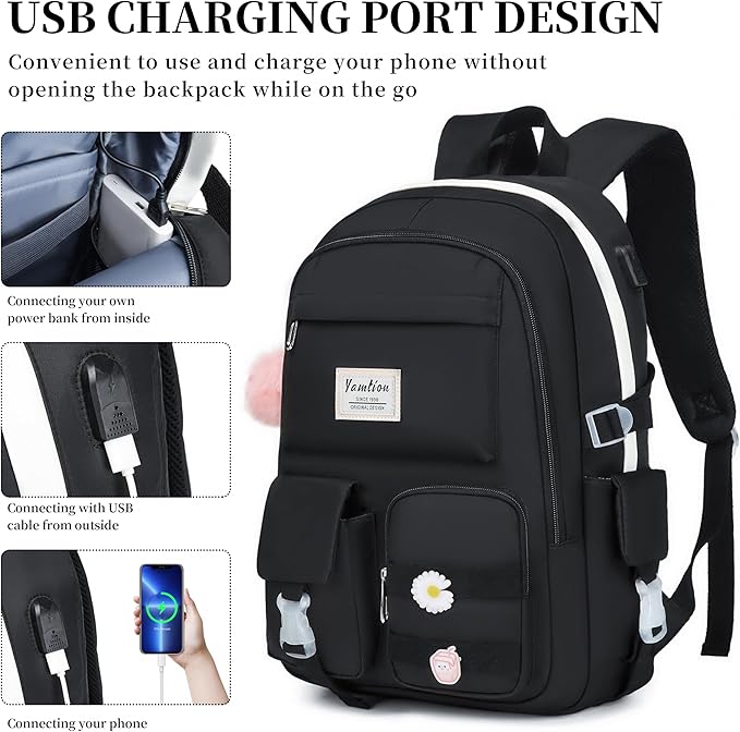 YAMTION School Backpack for Teen Girls,15.6in Laptop Backpack Kids Bookbag for Middle School College Students,Cute School Bag for Women,Black