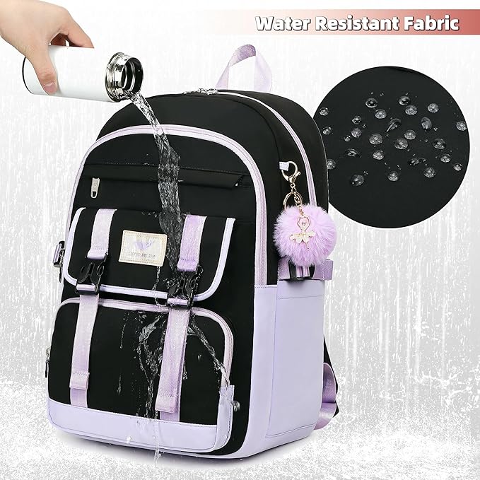 3 PCS Backpack for Teen Girls,Laptop Backpacks 15.6 Inch School Bag with Lunch Box Pencil Pouch Set for Students Aesthetic College Bookbag Travel Daypack(Black Purple)
