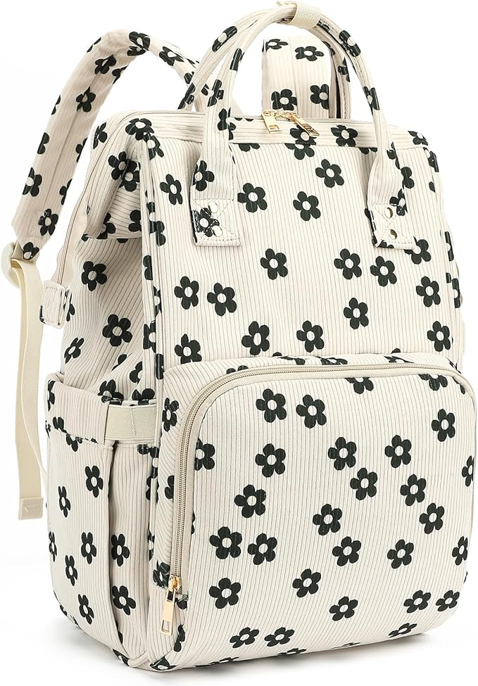 Laptop Backpack for Women, Corduroy College School Backpack Bookbag 15.6 inch Business Computer Travel Backpack (Flowers)