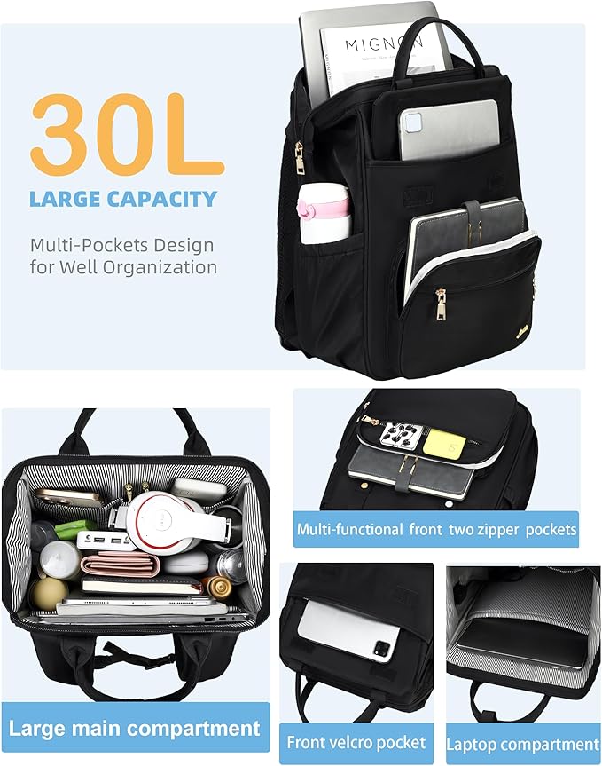 Hidds Laptop Backpack for Women 15.6 In Work Business Computer Bag School College Backpacks Commuter Back Pack Purse Girls Nursing Bookbags Womens Anti Theft Travel Daypack with USB Port - Black