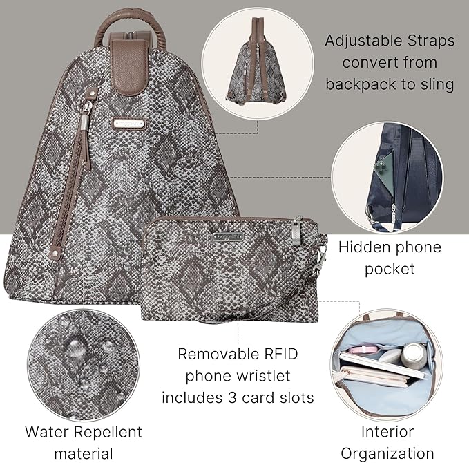 Baggallini Backpack Metro with RFID Phone Wristlet, Tan Python