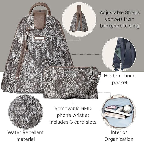 Baggallini Backpack Metro with RFID Phone Wristlet, Tan Python
