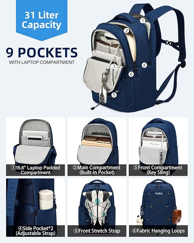 Travel Laptop Backpacks for Women Men, Large Work Backpack for Commuter College School Book Bags, Reflective Water Resistant Backpack with Luggage Strap Bottle Pocket Chest Strap, Navy Blue
