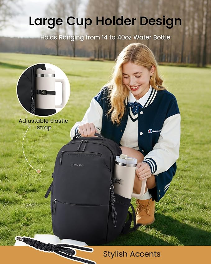 LOVEVOOK Laptop Backpack for Women Men with Giant Tumbler Holder - 15.6Inch Work Computer Travel Backpack with Laptop Compartment, Water Resistant, Cute Commuter College Teacher Nurse Purse Bag,Black
