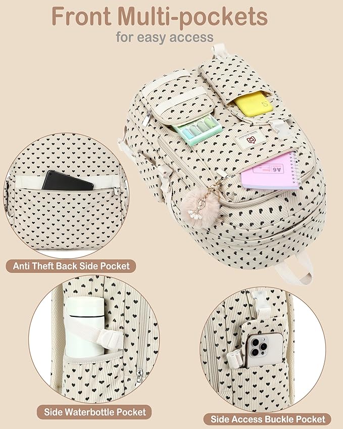 School Backpack for Teens Girls Women 15.6 Inch Laptop College Backpacks Corduroy Work Bag Kids Elementary Middle High School Bookbag Students Back Pack Travel Daypack Womens-Corduroy Beige Heart-1