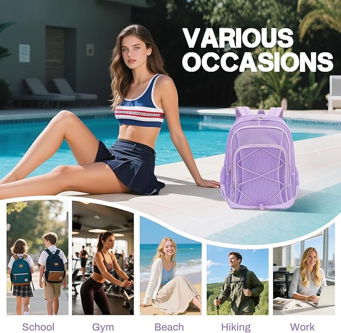 Mesh Backpack, Heavy Duty Mesh Bookbag for Girls Boys Kids, See Through Clear Backpacks, Net Backpack Transparent Breathable for School Beach Swim Travel Outdoor, Purple
