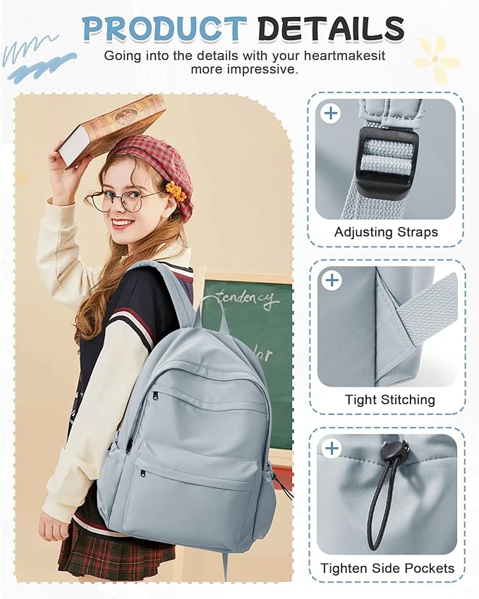 BJLFS Light Blue Backpack for School Women Girls, Waterproof Bookbag Cute High School Backpacks for Men Teen Boys, Lightweight Travel College Backpack Mochilas Escolares para Casual Daypack Rucksack