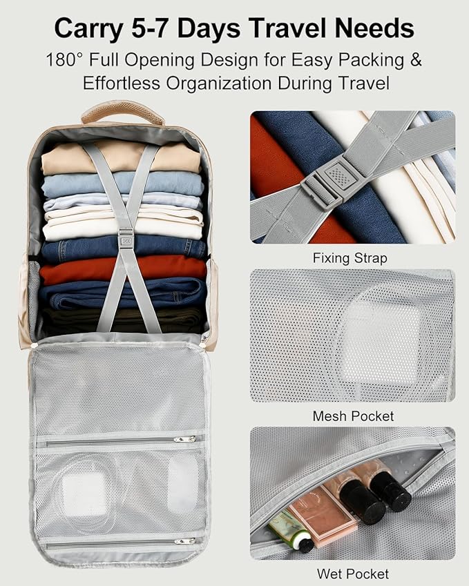 Travel Backpack for Women & Men, Large Carry On Personal Item Bag Airline Approved, Waterproof Traveling Overnight Bags, Gifts Laptop Backpack for Travelers College-Students Commuters (Beige/White)