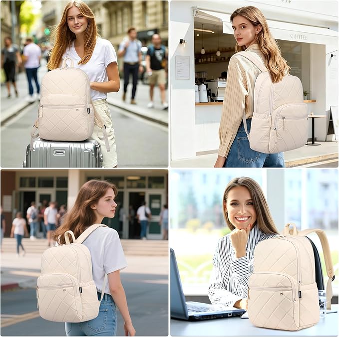 Backpack for Women, Quilted Puffer Casual Daypack, College School Backpack for Girls, Water-Resistant Bookbag for 15.6 Inch Laptop