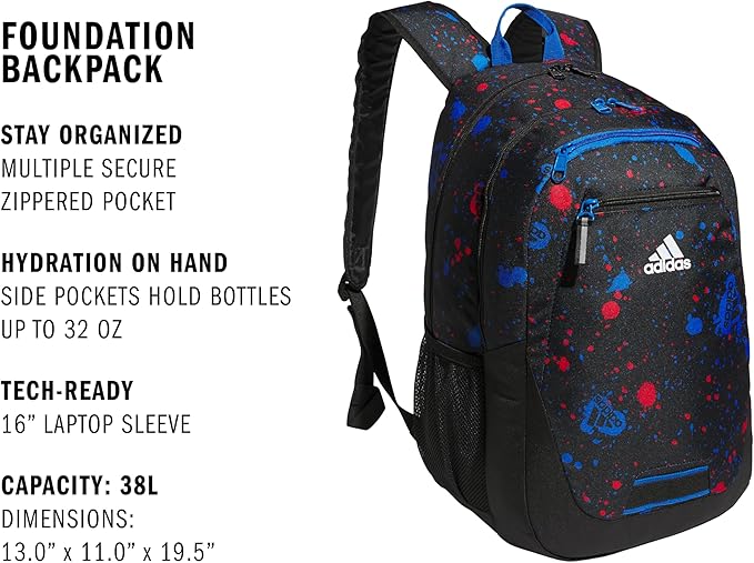 adidas Unisex Foundation Backpack for Laptop, Large Durable Athletic Gym Bag