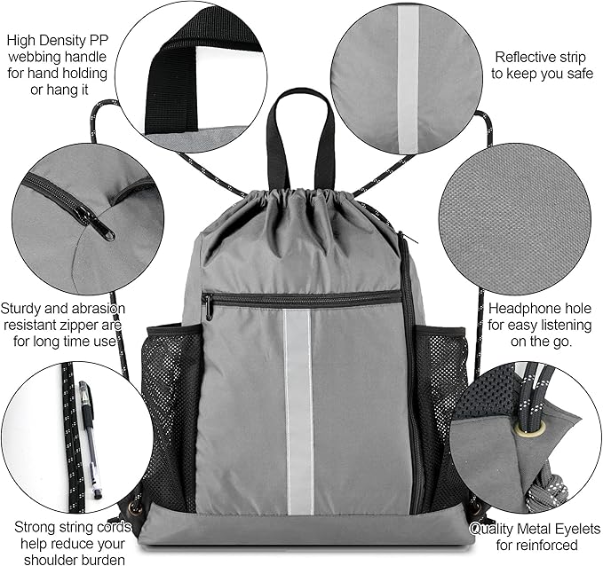BeeGreen Grey Drawstring Bag Pack Gym Sackpack w Shoe Compartment Two Water Bottle Holder Portable String Sinch Sack for Gymnastic Athletic Beach Travel