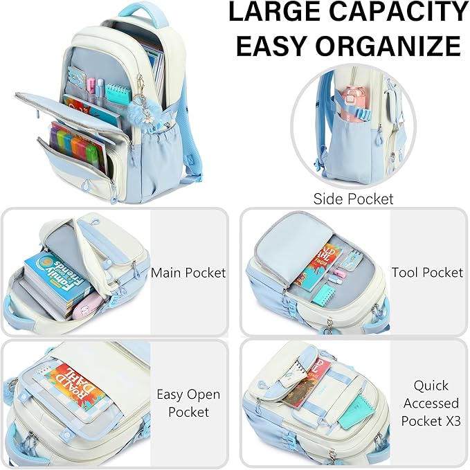 School Backpack for Girls, Laptop Backpack 15.6 Inch Kids Elementary Middle High School Bag Anti Theft Cute College Bookbags for Teens Girls Women Students Casual Travel Daypack,Blue Beige
