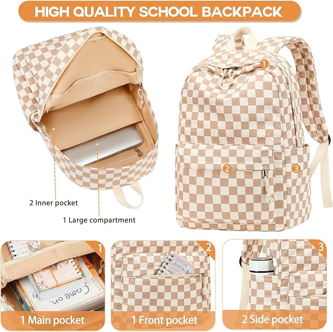LOULOU Kids Backpack for Girls, Large Checkered School Backpack for Kids 8-12, Lightweight Bookbag for Elementary Middle & High School, Travel & Airplane Backpack for Kids, Cute Back to School Gifts