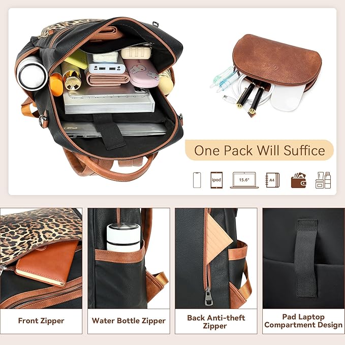 Vegan Leather Laptop Backpack for Women 15.6 Inch Work Backpack Purse for Travel College