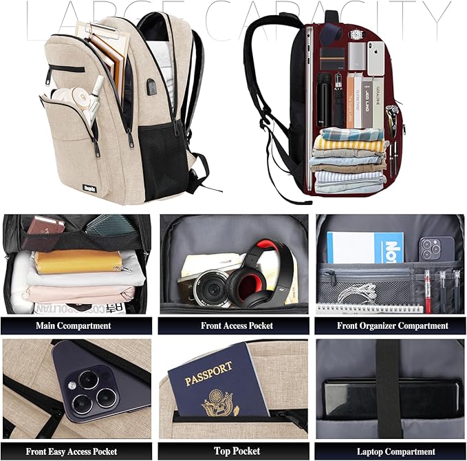 Beige Backpack for Men Women, School Backpack for Boys Girls Teens, 15.6 Inch Laptop Backpacks with USB Port, Water Resistent Book bag, Work College Bookbag, back pack, Mochila para hombre