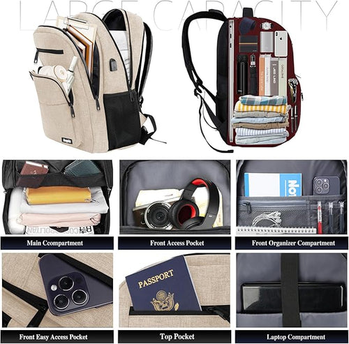 Beige Backpack for Men Women, School Backpack for Boys Girls Teens, 15.6 Inch Laptop Backpacks with USB Port, Water Resistent Book bag, Work College Bookbag, back pack, Mochila para hombre