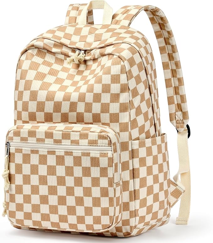 mibasies School Backpack for Girls with Laptop Sleeve: 18IN Large Capacity Corduroy Bookbag for Primary Middle School/College, Travel Daypack for Teens Women - Brown Checkered