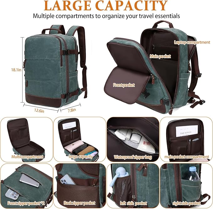 BOVIP Travel Backpack for Men, Carry On Backpack, Flight Approved Personal Item, 18.4 inch Laptop Backpack, Dark Green