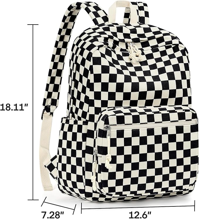 mibasies School Backpack for Girls with Laptop Sleeve: 18IN Large Capacity Corduroy Bookbag for Primary Middle School/College, Travel Daypack for Teens Women - Black Checkered