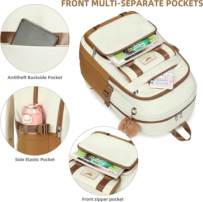 3 PCS Backpack for Teen Girls,Laptop Backpacks 15.6 Inch School Bag with Lunch Box Pencil Pouch Set for Students Aesthetic College Bookbag Travel Daypack(Beige Khaki)