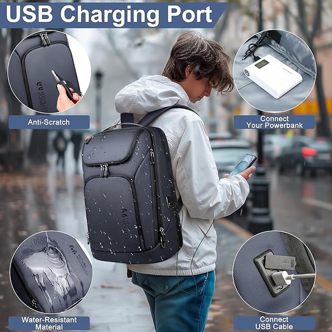 hk Business Smart Backpack for Men Anti-Theft for 17.3 Inch Laptop with USB Charging Port Water-Resistant Large Durable Compact 30L for Travel College Work-Deep Blue