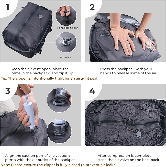 Vacuum Compression Backpack, Carry-On Size Travel Backpack with Vacuum System and Pump, Expands to 45L Packing Capacity, Fits 17” Laptop & 2–5 Days of Clothes, Water-Resistant Compression Backpack